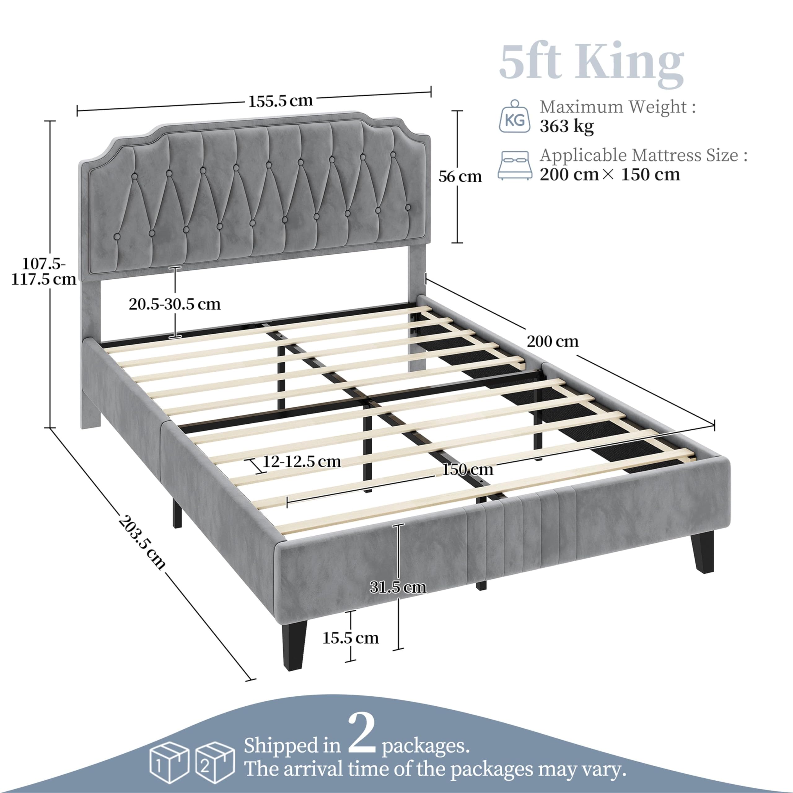 Yaheetech 5ft King Bed Frame Upholstered Platform Bed with Adjustable Button Tufted Headboard/Velvet Fabric/Sturdy Wooden Slat Support/No Box Spring Needed, Dark Grey King Bed