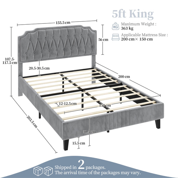 Yaheetech 5ft King Bed Frame Upholstered Platform Bed with Adjustable Button Tufted Headboard/Velvet Fabric/Sturdy Wooden Slat Support/No Box Spring Needed, Dark Grey King Bed