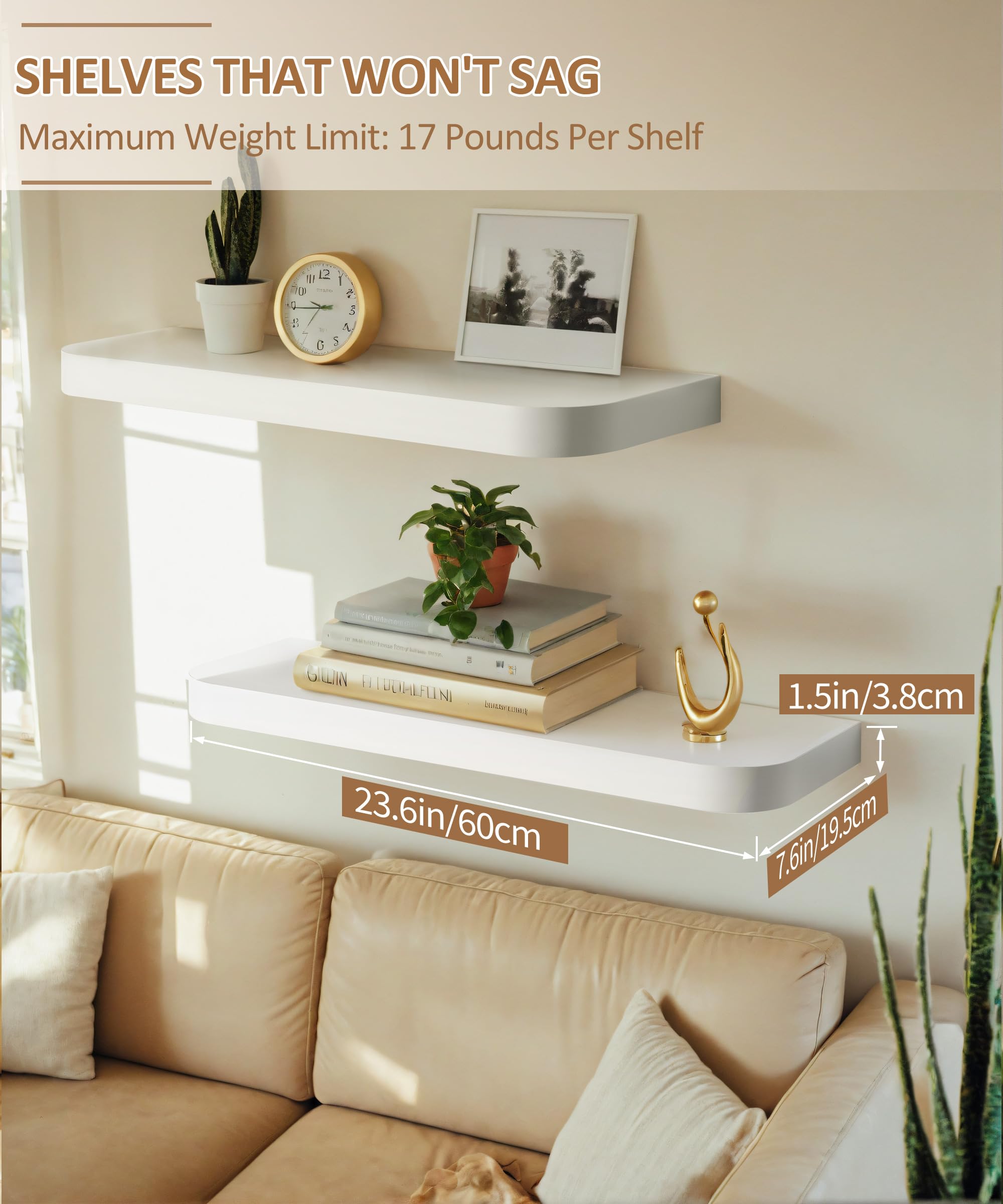 Gronda White Floating Shelves for Wall, Set of 2 Modern Midcentury Wall Mounted Shelf Curved Edge Design with Large Decor Storage Display Shelf for