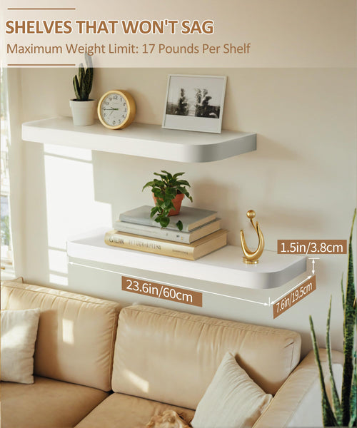 Gronda White Floating Shelves for Wall, Set of 2 Modern Midcentury Wall Mounted Shelf Curved Edge Design with Large Decor Storage Display Shelf for