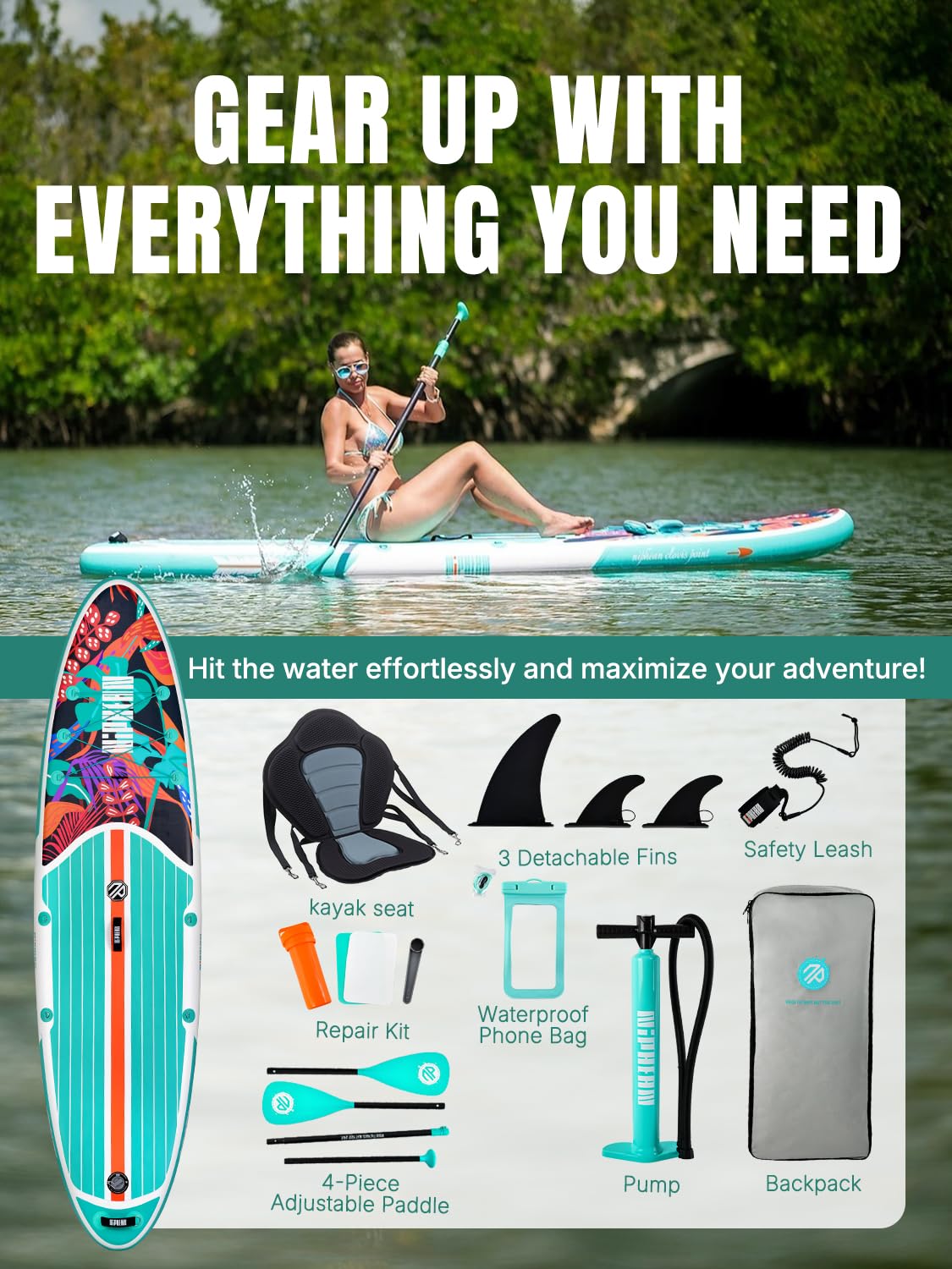 Niphean Inflatable Paddle Boards for Adults with All Accessories, 320cm Stand Up Paddle Board for All Skill Levels, SUP with 200kg Weight Capacity for 2 People, Inflatable Paddleboard with Seat