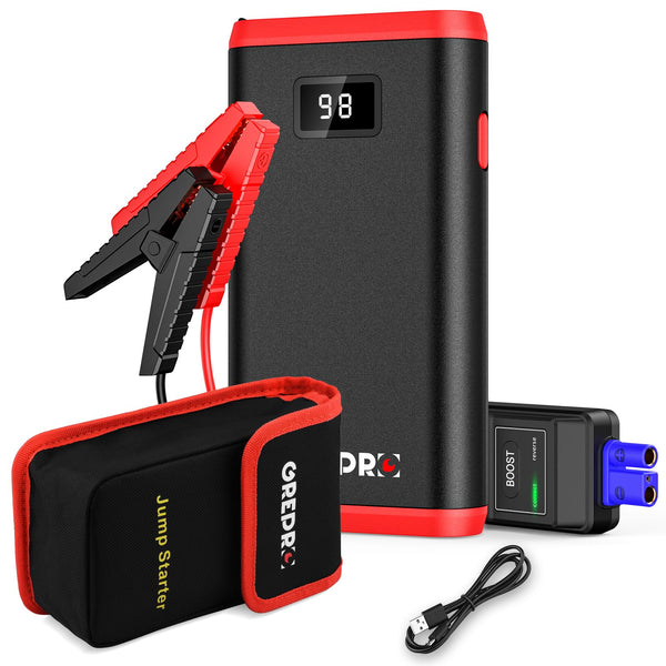 GREPRO Jump Starter Power Pack (up to 6.5L Gas, 4.0L Diesel), Car Battery Booster Jump Starter and Jump Pack for 12V Vehicles, Motorcycle, Battery Booster with LCD Screen and LED Flashlight