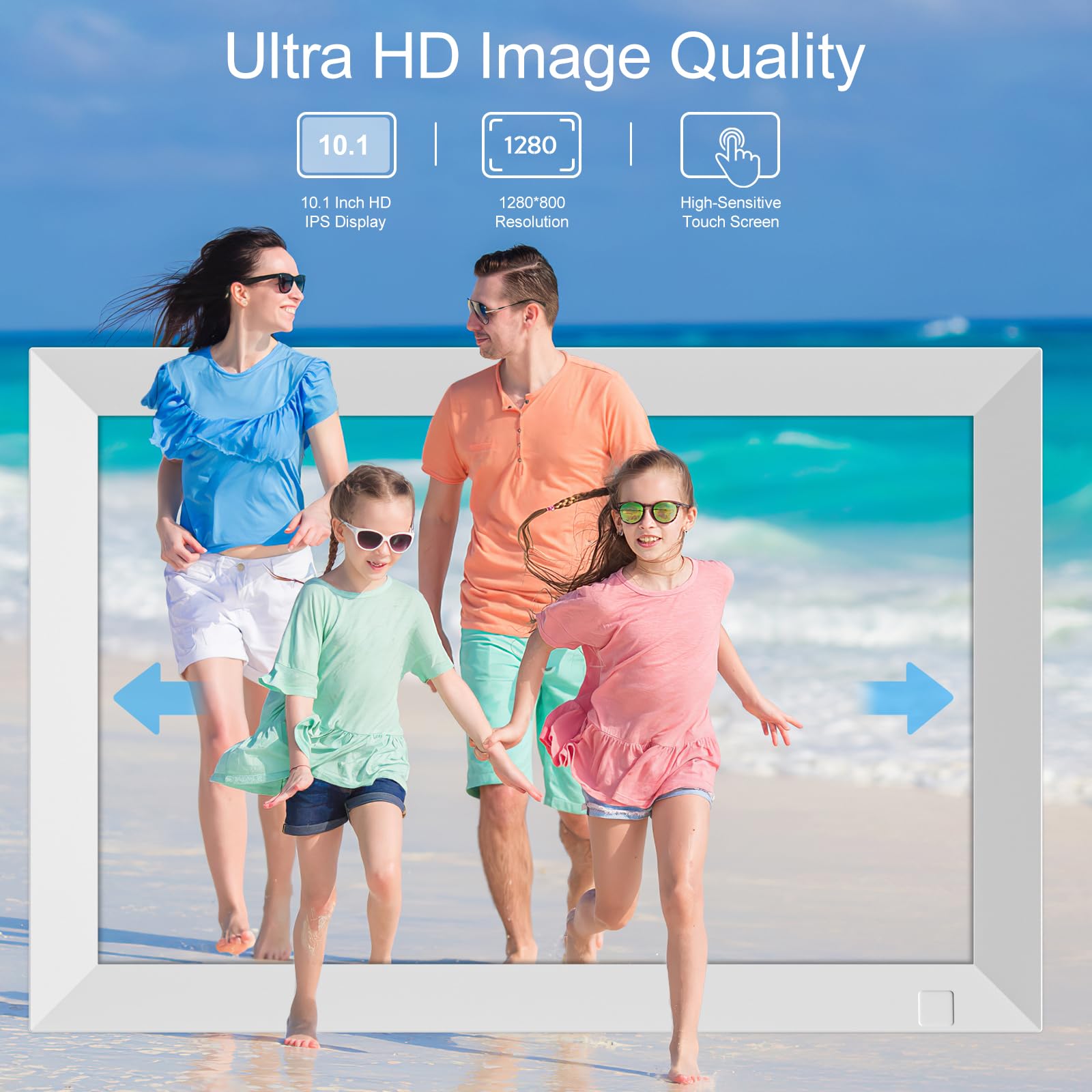 10.1 Inch WiFi Digital Photo Frame Built in 32GB Memory, 1280x800 IPS LCD Touchscreen, Auto-Rotate and Audio, Quick and Easy Share Photos or Videos via the Frameo App, the Best Choice for Gifting
