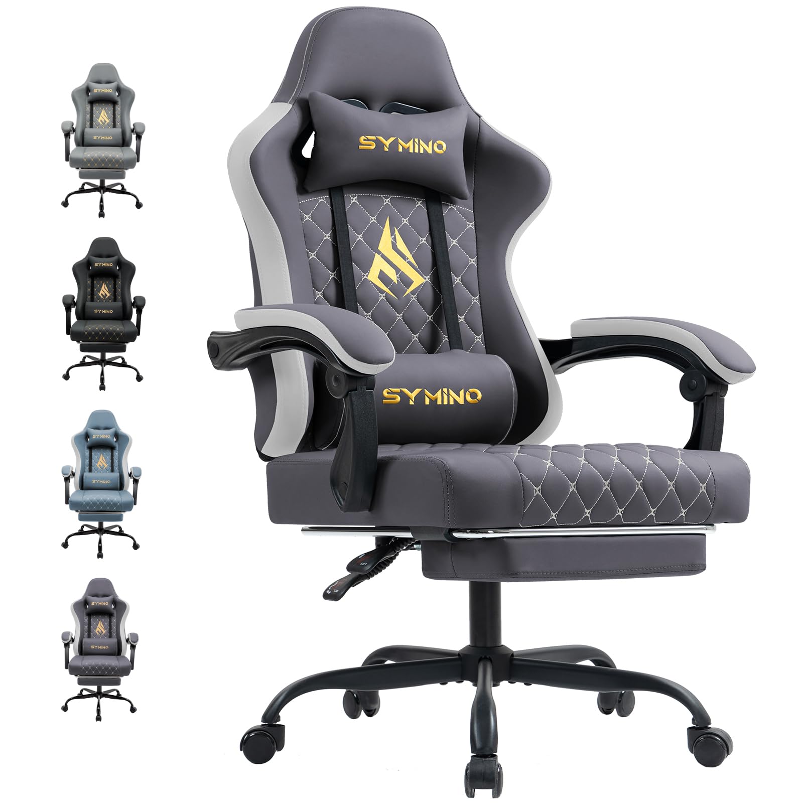 Symino Gaming Chair with Footrest, Computer Ergonomic Video Game Chair, Adjustable Swivel Task Chair with Lumbar Support, PC Chair, Office Chair PU Leather, Grey&White