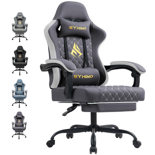 Symino Gaming Chair with Footrest, Computer Ergonomic Video Game Chair, Adjustable Swivel Task Chair with Lumbar Support, PC Chair, Office Chair PU Leather, Grey&White