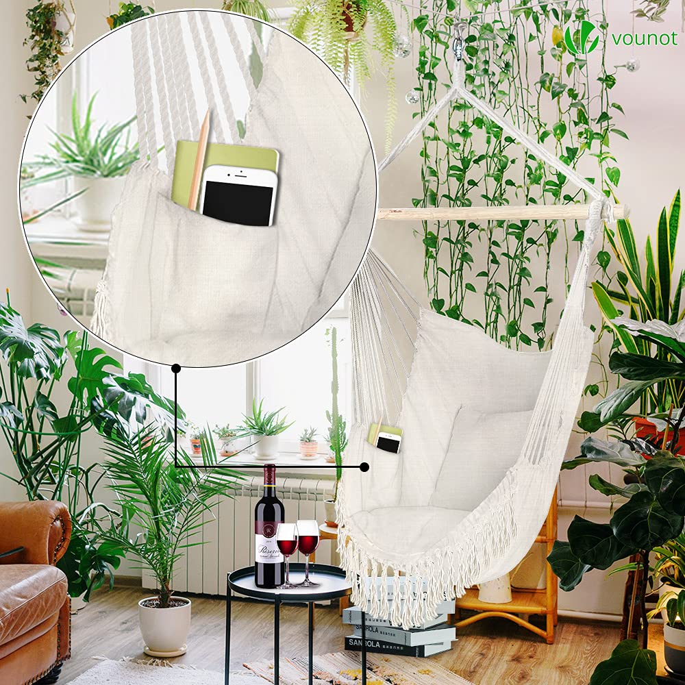 VOUNOT? Hanging Chair with Cushion, Macrame Hammock Swing Chair for Bedroom, Balcony, Patio, Garden, Indoor or Outdoor, 265LBS Capacity, Beige