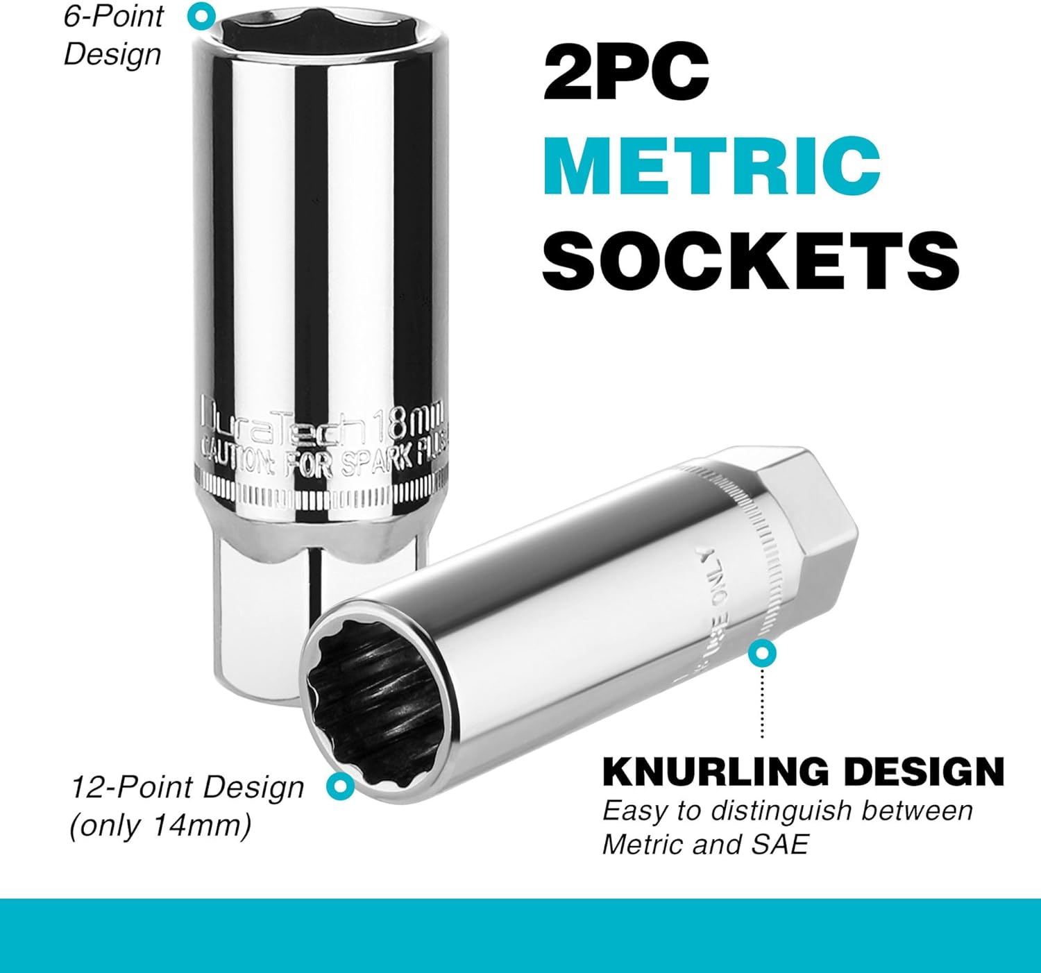 DURATECH Spark Plug Socket Set, 5-Piece SAE & Metric Cr-V Spark Plug Sockets (14mm, 18mm, 5/8", 3/4", 13/16"), 6 Point & 12 Point Thin Wall 3/8" Drive Spark Plug Removal Tool for Car, Small Engines