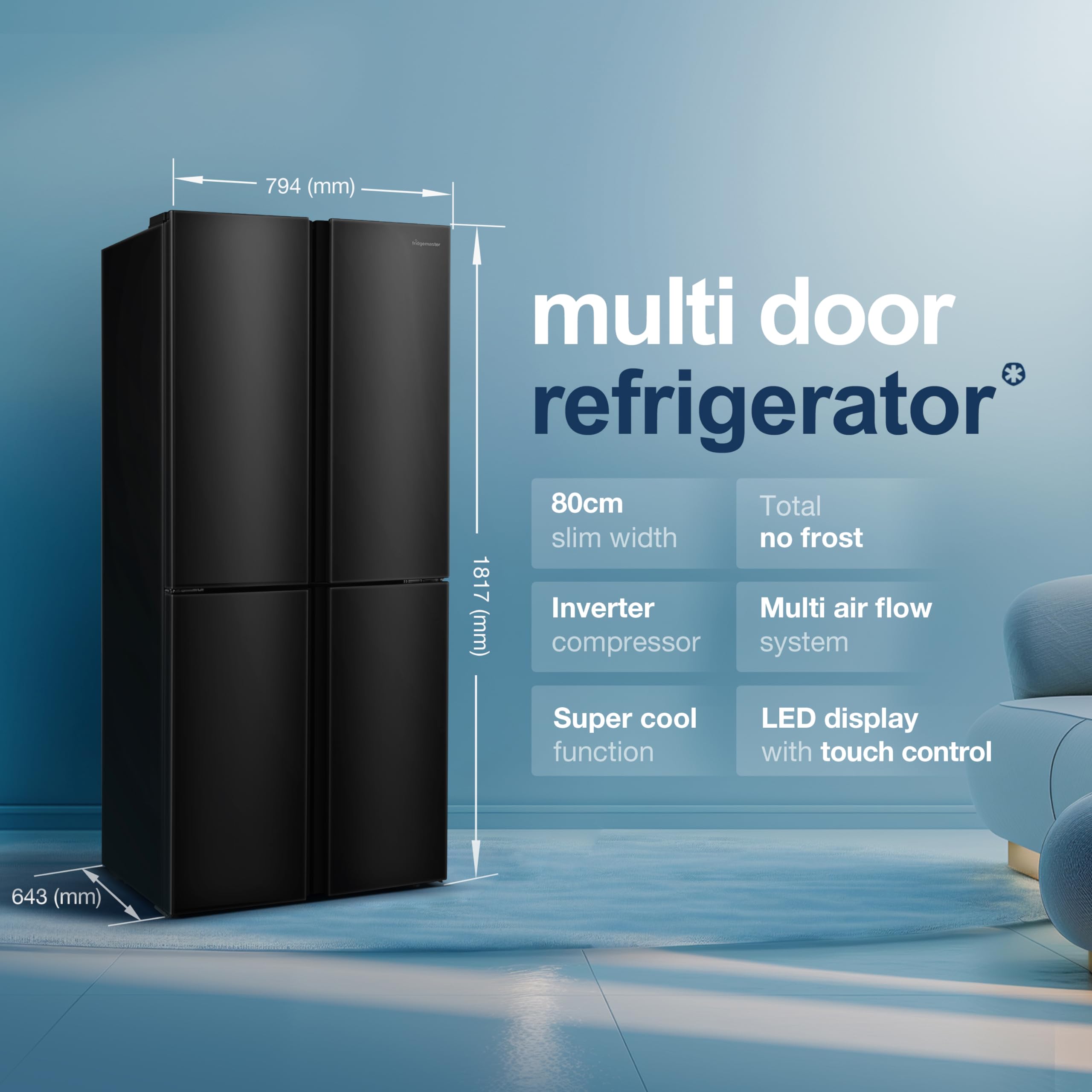 Fridgemaster MS83430EB Freestanding Slim American Side by side Door Fridge Freezer 441L, Total No Frost, Inverter compressor, Black, 83.2x178.0cm, Energy Rating E