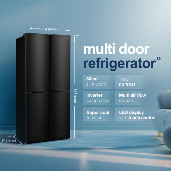 Fridgemaster MS83430EB Freestanding Slim American Side by side Door Fridge Freezer 441L, Total No Frost, Inverter compressor, Black, 83.2x178.0cm, Energy Rating E