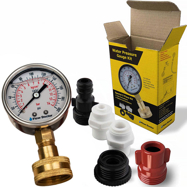 Flow Doctor Water Pressure Glycerin Filled Gauge Kit, All Purpose, 6 Parts Kit, 0 To 200 Psi, Standard 3/4" Female Garden Hose Thread Plus 5 Adapters