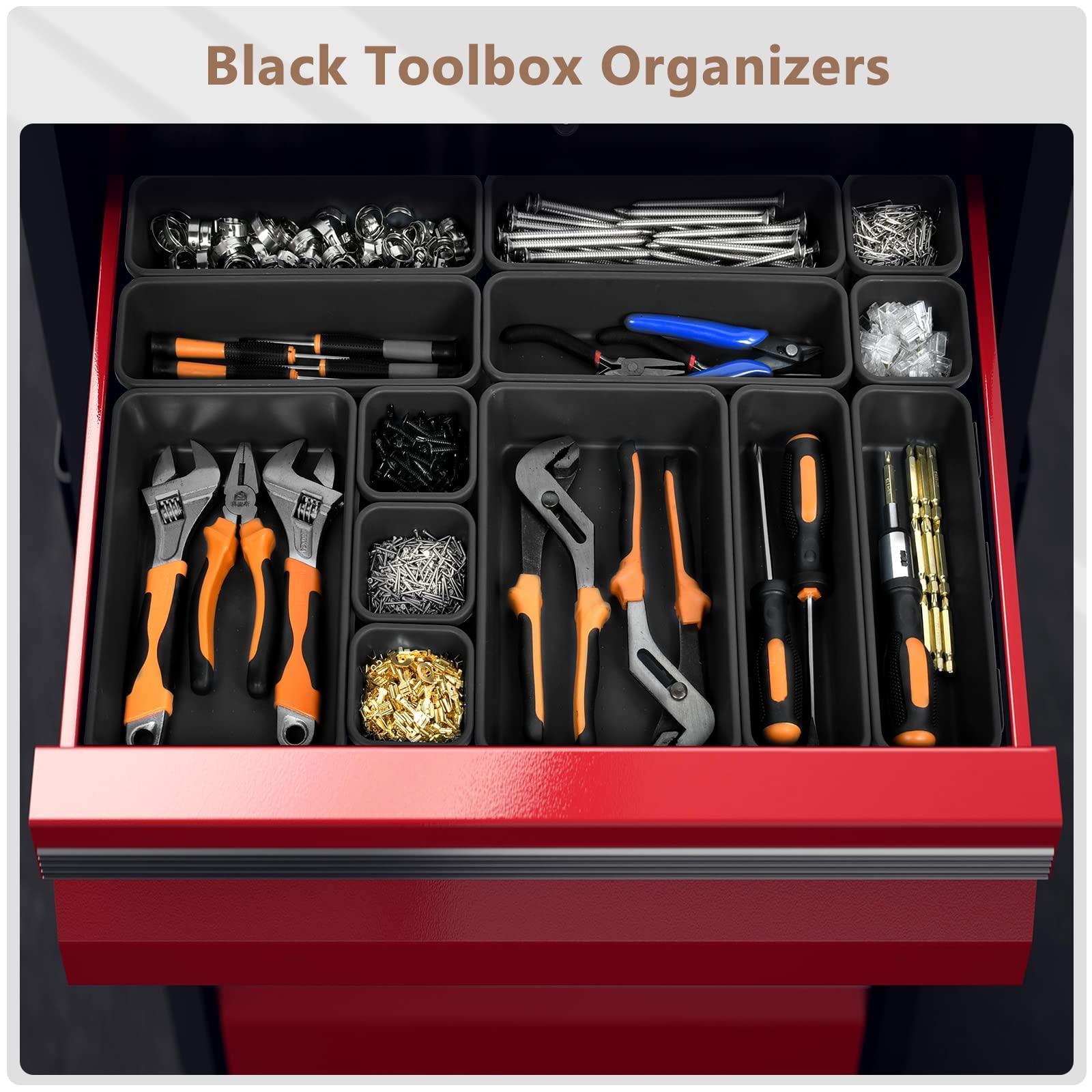 A-LUGEI【𝟲𝟵𝗣𝗰𝘀】【𝟱 𝗦𝗶𝘇𝗲】 Tool Box Organiser Tray Divider Set, 【Black】 Desk Drawer Organiser, Garage Organisation and Storage Toolbox Accessories Rolling Tool Chest Cart Cabinet Workbench