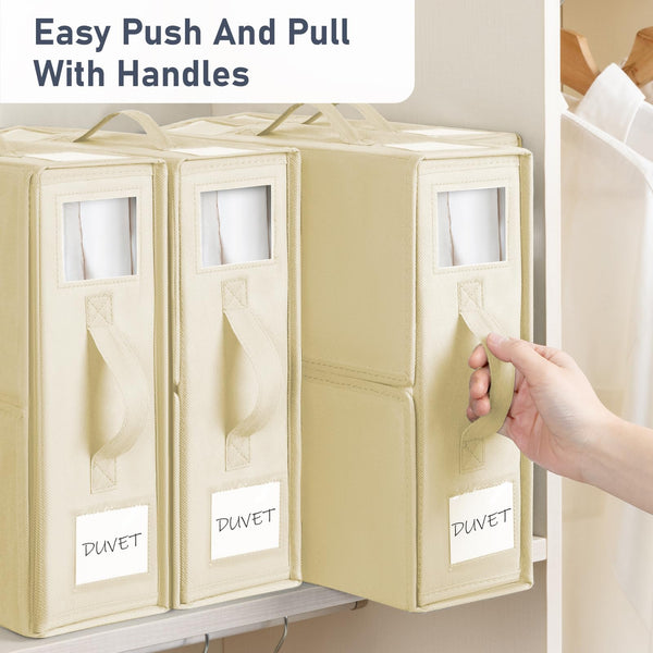 DIMJ Bed Sheet Organisers Storage 6 Pack - Foldable Sheets Organizer for Closet, Linen Bedding Storage Box with Handle and Tab Pocket for King & Queen