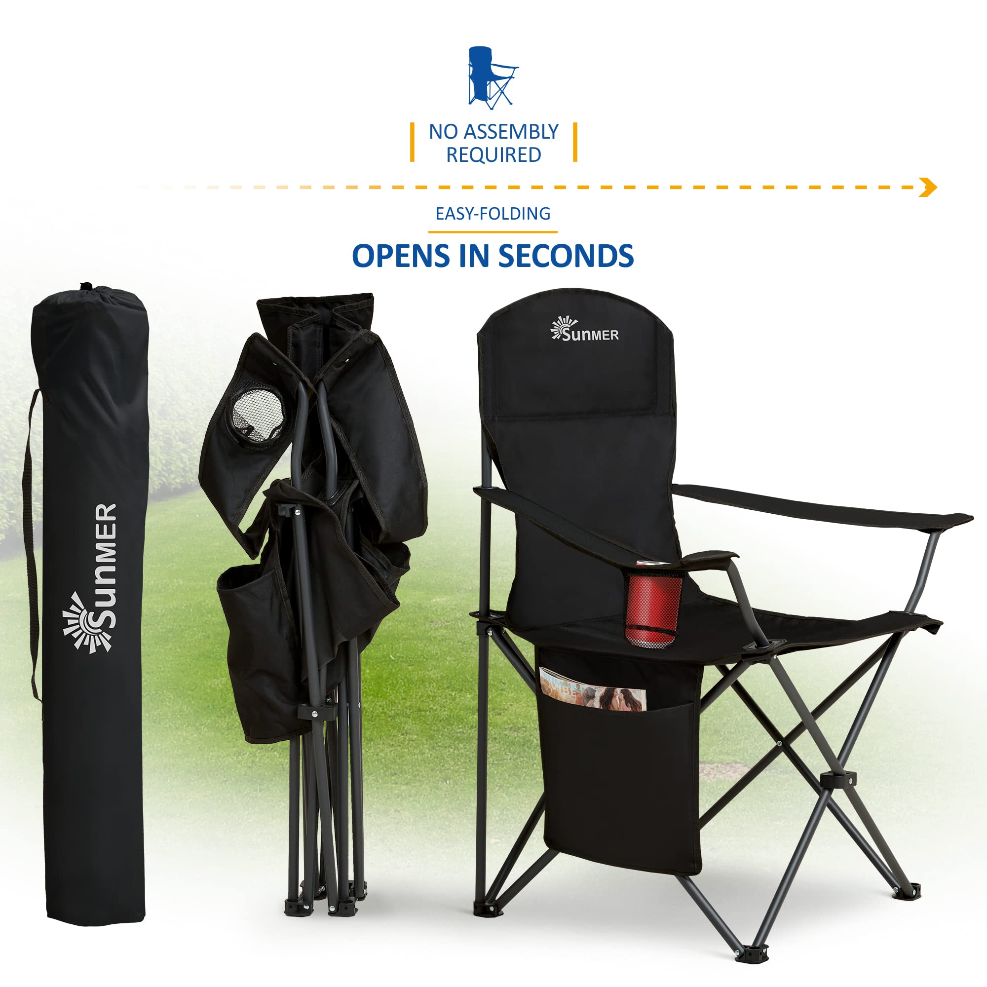 SUNMER Set of 2 Folding Camping Chairs, Extra-Wide Lightweight Outdoor Chairs with Armrests, Cup Holder and a Side Pocket, 120kg Capacity per Chair - Black
