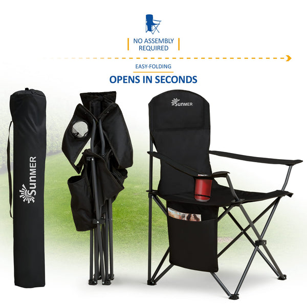 SUNMER Set of 2 Folding Camping Chairs, Extra-Wide Lightweight Outdoor Chairs with Armrests, Cup Holder and a Side Pocket, 120kg Capacity per Chair - Black
