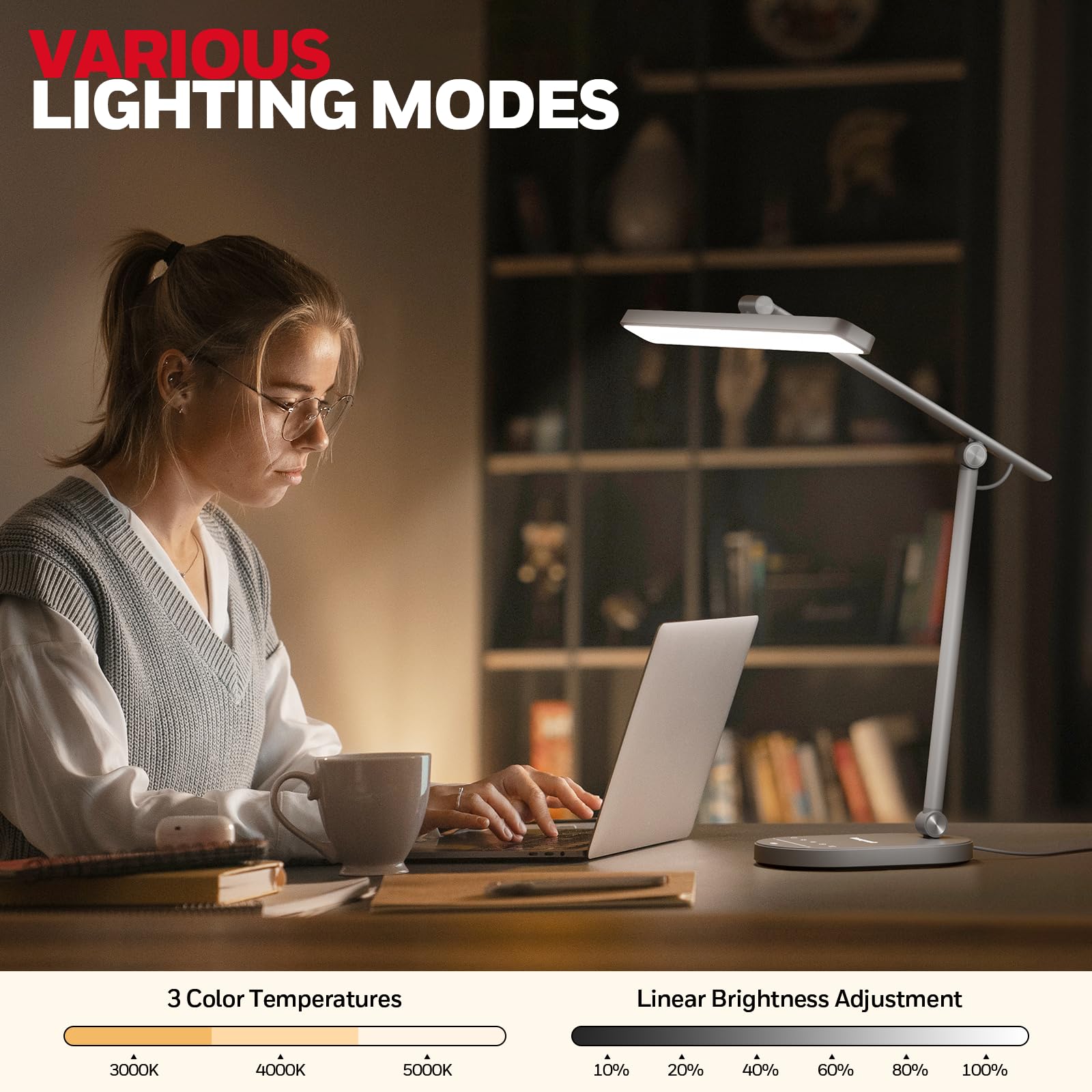 Honeywell LED Desk Lamp for Home Office - H4 Sunturalux™ Eye-Caring Desk Light, 14W Dimmable Table Lamp with 3 Color Modes, 5 Brightness Levels, Auto-Dimming, Timer, Touch Control Reading Lamp, White