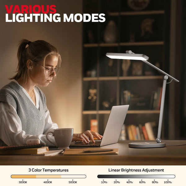 Honeywell LED Desk Lamp for Home Office - H4 Sunturalux™ Eye-Caring Desk Light, 14W Dimmable Table Lamp with 3 Color Modes, 5 Brightness Levels, Auto-Dimming, Timer, Touch Control Reading Lamp, White