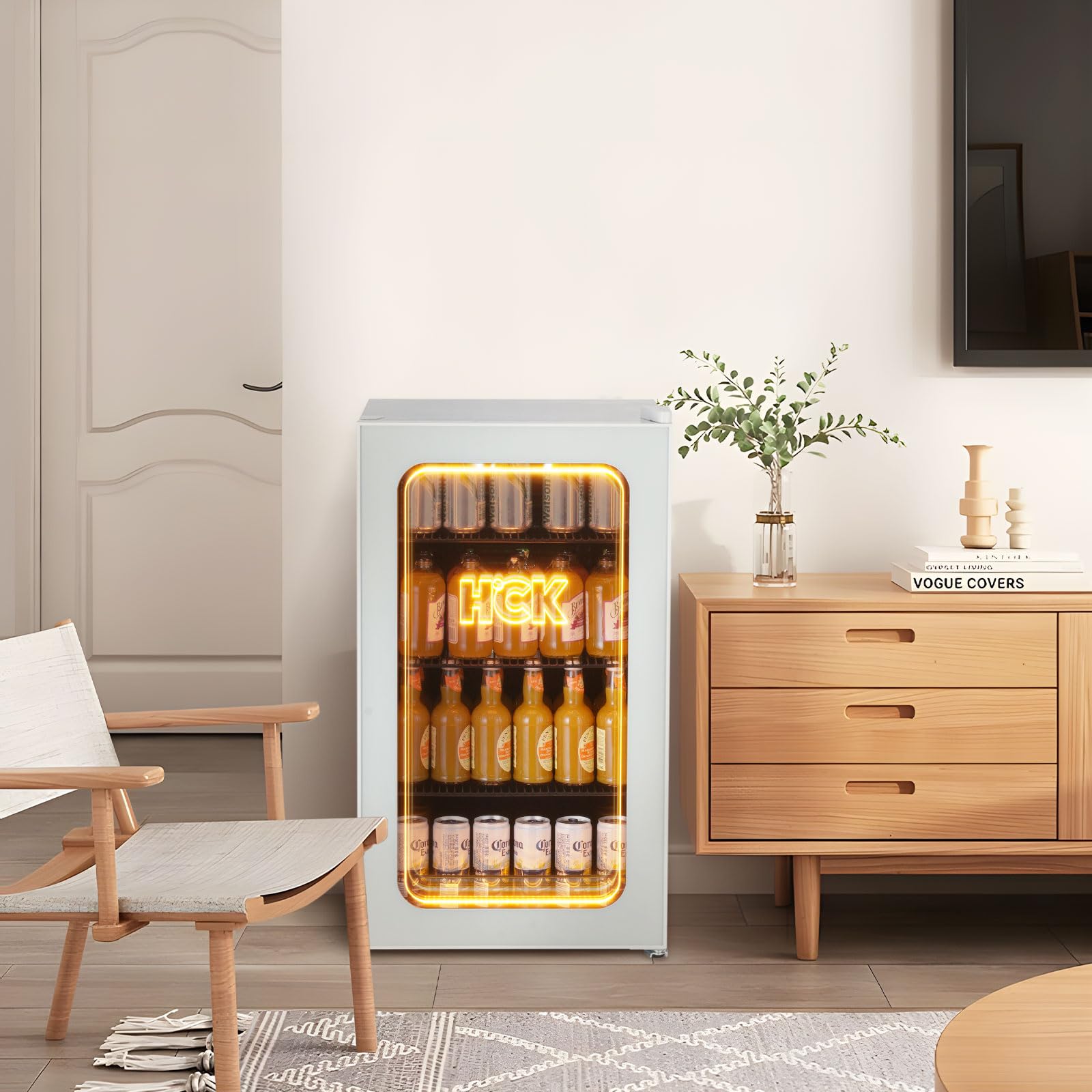 HCK 48L Mini Fridge with Glass Door, 0-15°C Cooling Zone and 2 Shelves, Compact Beverage Refrigerator Cooler for Bar and Living Room