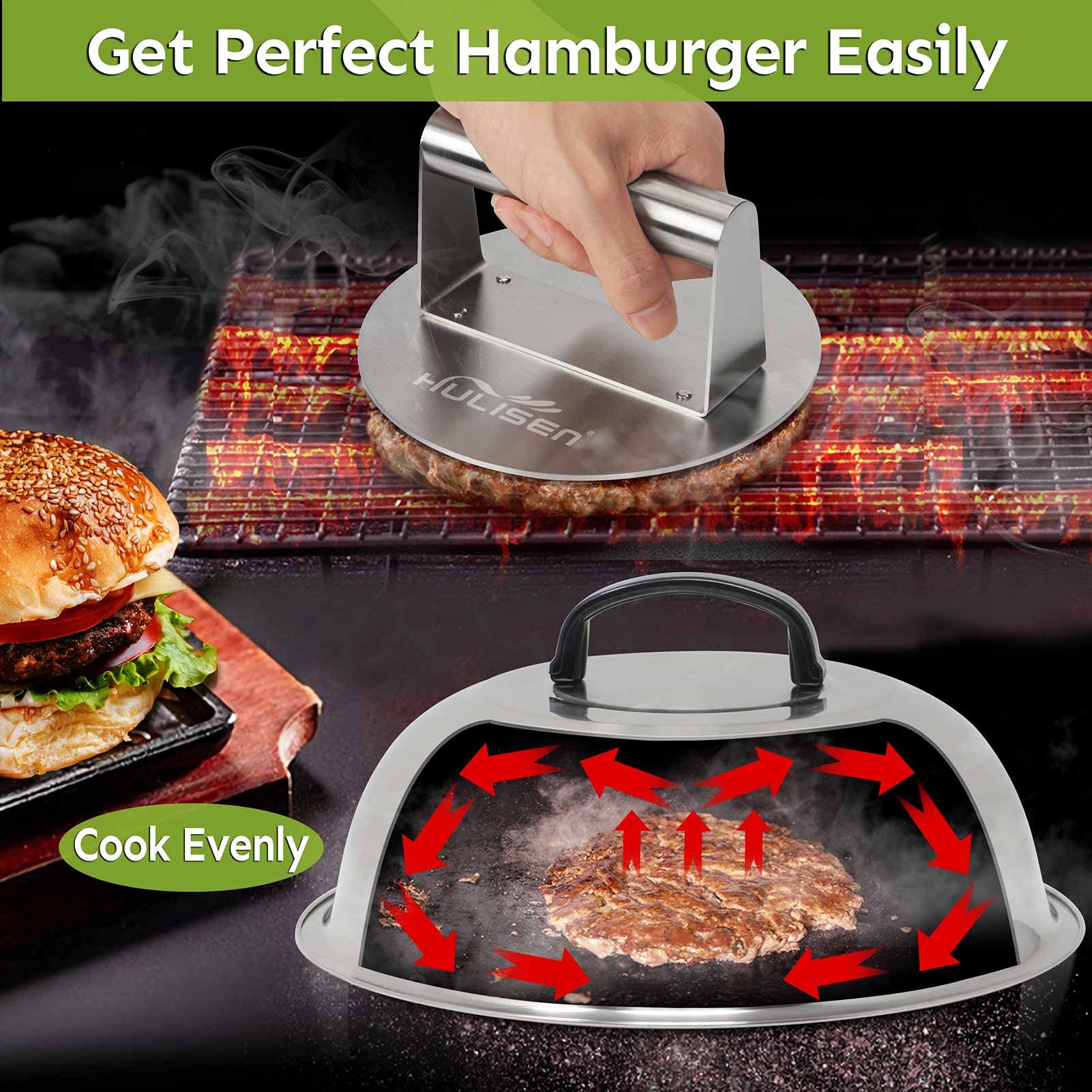 HULISEN Smashed Burger Kit, Burger Press, 12 Inch Basting Cover, Grill Spatula, Spice Dredge Shaker and 2 Squeeze Bottles - Griddle Accessories Kit