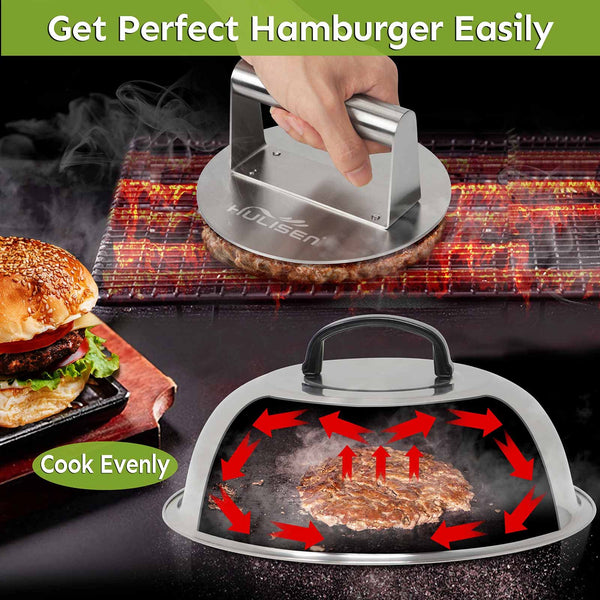HULISEN Smashed Burger Kit, Burger Press, 12 Inch Basting Cover, Grill Spatula, Spice Dredge Shaker and 2 Squeeze Bottles - Griddle Accessories Kit