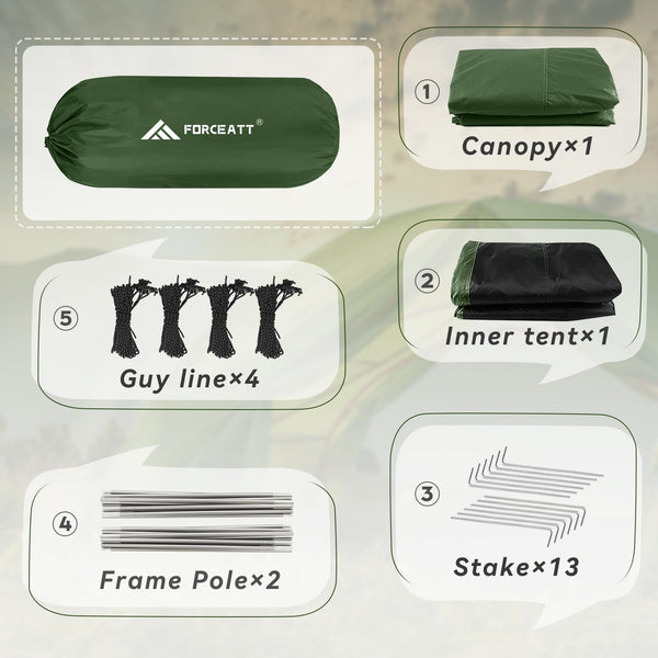 Forceatt Tent, 2-4 Man Tent for Camping, Easy Setup Lightweight Two Doors PU3000mm Waterproof Dome Tent, Windproof Instant Outdoor Tent Suitable for Traveling, Beach, Camping, Hiking, Mountaineering