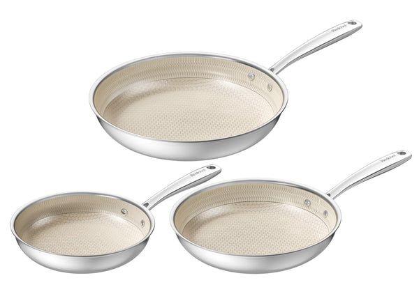 Redchef Non Stick Hybrid Egg/Omelette Pan,20cm Ceramic Frying Pan,Tri-Ply Stainless Steel Skillet,Non Toxic,PFAS PFOA/PTFE Free,Dishwasher/Oven Safe,Suitable for Induction Hobs,8"(Beige)