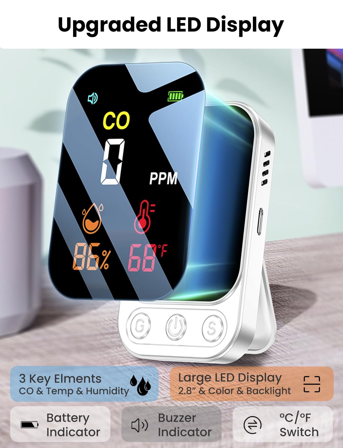 LSENLTY Portable Carbon Monoxide Detectors, 3 in 1 CO Detector(Humidity, Temperature and CO Value), 72 Hours Standby Time, 0-999 PPM CO Detector Range, CO Detectors for Camping Travel