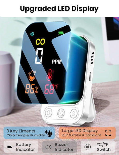 LSENLTY Portable Carbon Monoxide Detectors, 3 in 1 CO Detector(Humidity, Temperature and CO Value), 72 Hours Standby Time, 0-999 PPM CO Detector Range, CO Detectors for Camping Travel