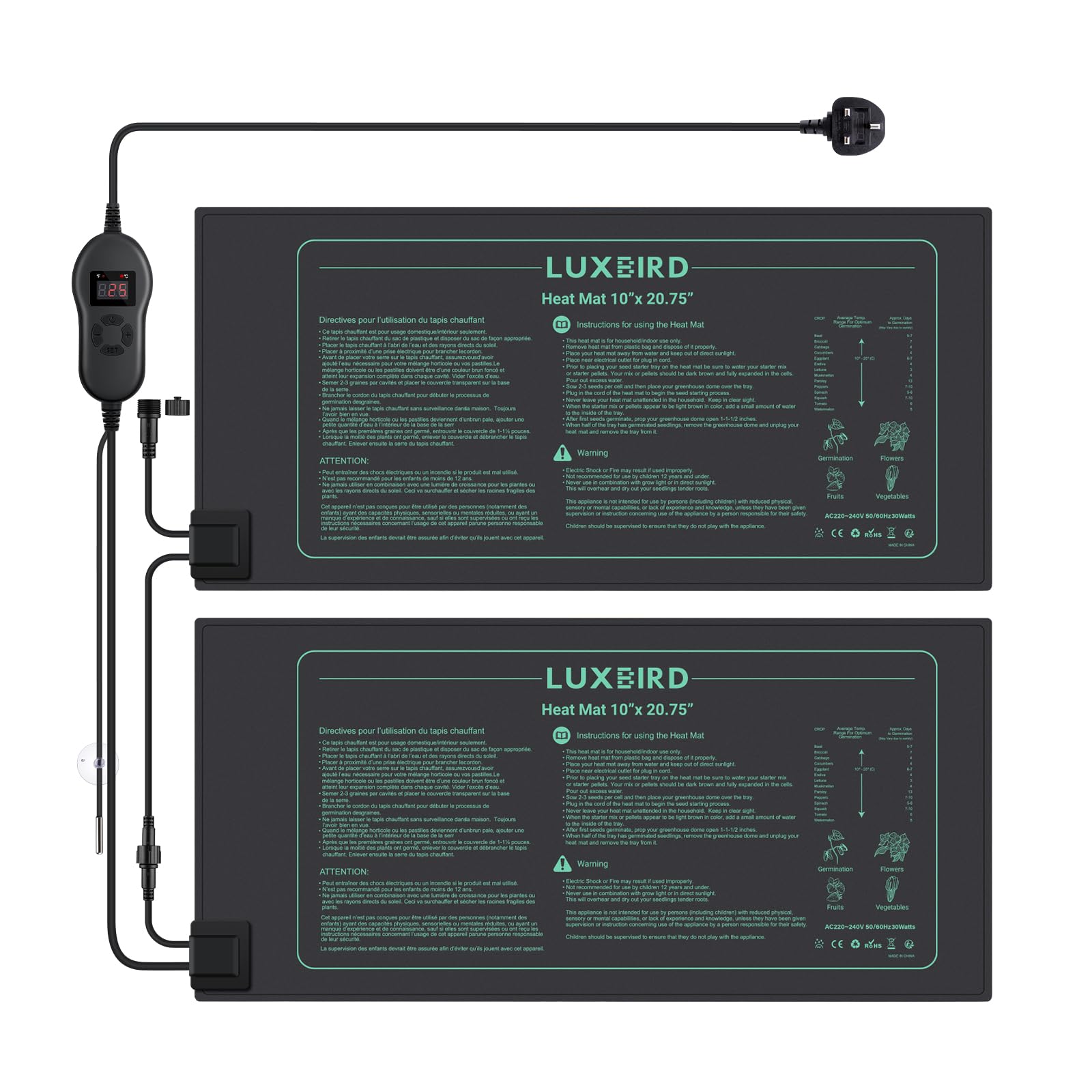 Luxbird 2 Pack Seedling Heat Mats with Digital Thermostat Controller, 10" x 20.75" Waterproof Plant Heating Mats Combo, for Seed Starting,