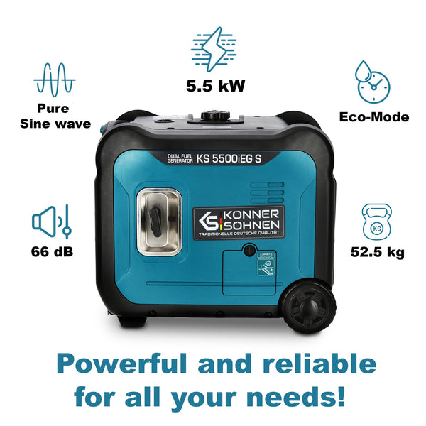 Könner & Söhnen KS 3100iG S portable LPG/petrol inverter generator 3100 W,UK Plug Socket 1x13 A (230 V), 2 USB ports,copper winding,silent inverter generator,dual fuel generator