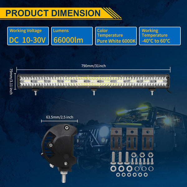 RIGIDON 8D Led Work Light Bar, 12 inch 240W 12V 24V 7D Tri Row Fog Light for Car Off road Truck SUV ATV 4x4 Boat, Flood Spot Combo Beam, Waterproof Outdoor Driving Lighting, 6000K White