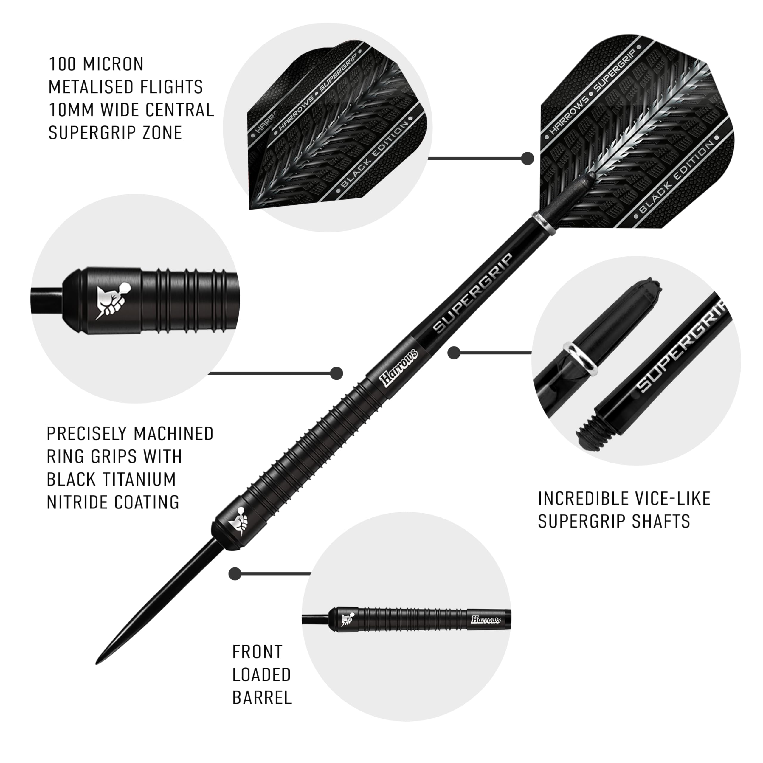 Harrows SUPERGRIP BLACK EDITION 90% Tungsten Steel Tip Darts Set. Available in 21g, 22g, 23g, 24g, 25g, 26g, 28g & 30g - Includes Supergrip Shafts &