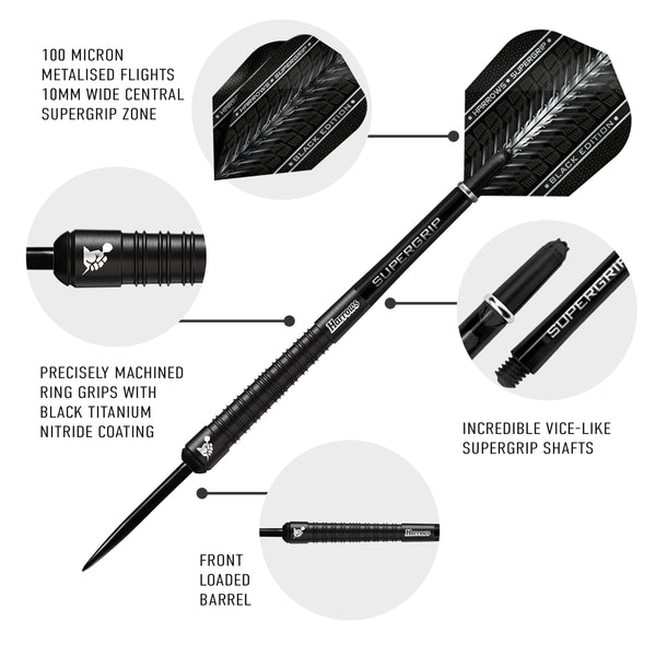 Harrows SUPERGRIP BLACK EDITION 90% Tungsten Steel Tip Darts Set. Available in 21g, 22g, 23g, 24g, 25g, 26g, 28g & 30g - Includes Supergrip Shafts &