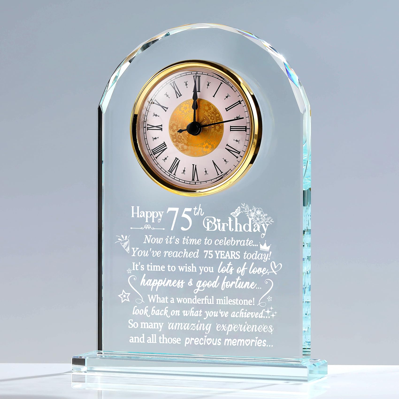 Happy 75th Birthday Quartz Clock Gifts for Women Men, Glass Keepsake Happy 75th Birthday Presents for Her Turning 75 Years Old Ornament