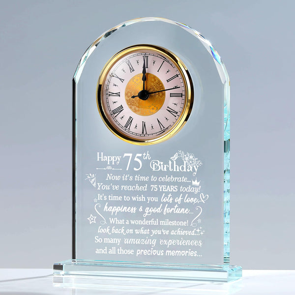 Happy 75th Birthday Quartz Clock Gifts for Women Men, Glass Keepsake Happy 75th Birthday Presents for Her Turning 75 Years Old Ornament