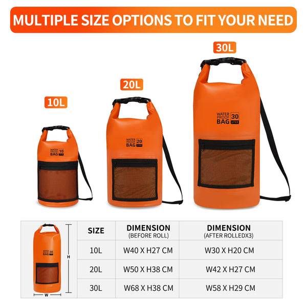 Bojury Waterproof Dry Bag Backpack 30L with Mesh Pocket Adjustable Strap - Roll Top Portable Dry Sack for Kayaking Boat Tour Canoe Swimming Snow Boarding-Blue Fishing Rafting