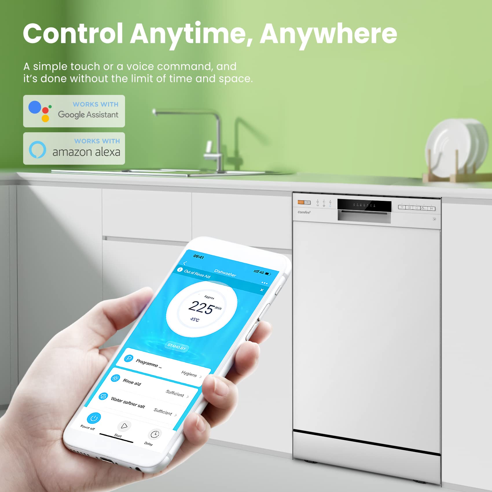 COMFEE' Freestanding Dishwasher FD1435E-X with 14 place settings, Full Size, Whisper Quiet 44dB, Wide LED Display, Delay Start, Half Load Function, Flexible Racks, Stainless Steel