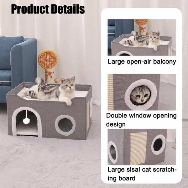 ERNAN Cat Beds,Cat Bed for Indoor Cats, Foldable Cat House,Large Soft Cave Bed with Scratching Board for Small Medium Pets (kaki, M)