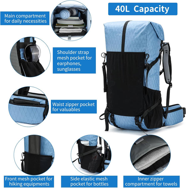 POWER KING 40L Expandable TO 50L Hiking Backpack,Upgraded X-PAC Scratch-proof Lightweight Large Rucksack for Mens Women, Outdoor Roll Top Camping Packsack, Fit for 15.6'' Laptop