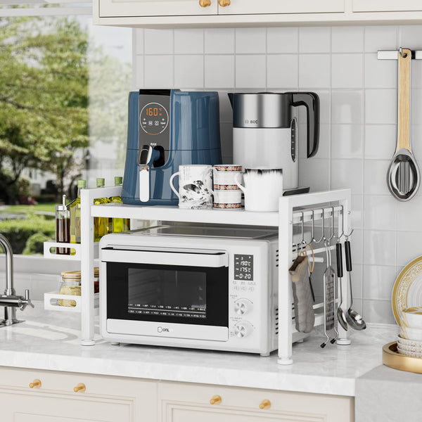 EKNITEY Microwave Shelf Stand - Expandable Countertop Microwave Stand - 2 Tier Pan Rack Microwave Oven Rack with Spice Organizer and 6 Hooks for
