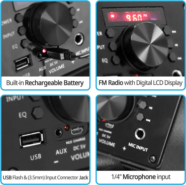 Pyle, Portable Dj Speaker System 400W, Bluetooth Pa Loudspeaker - 8” Subwoofer, USB/MP3/FM Radio/Mic Inputs, LED Lights, Rechargeable Battery w/Remote Control