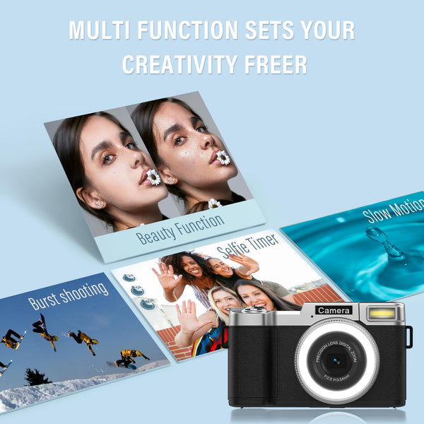 Digital Camera, 64MP 4K Cameras for Photography and Vlogging with Beauty Ring Light, 64GB SD Card, 18X Zoom Autofoucs, 180° Flip Screen Compact Portable Youtube Camera for Beginners Adult Teens