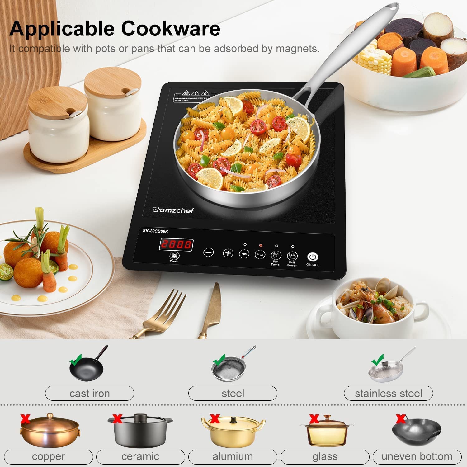 AMZCHEF Single Induction Hob, Portable Induction Hob, 10 Temperature Settings and Power levels from 300W to 2000W, Black Frosted Glass Panel,Sensitive