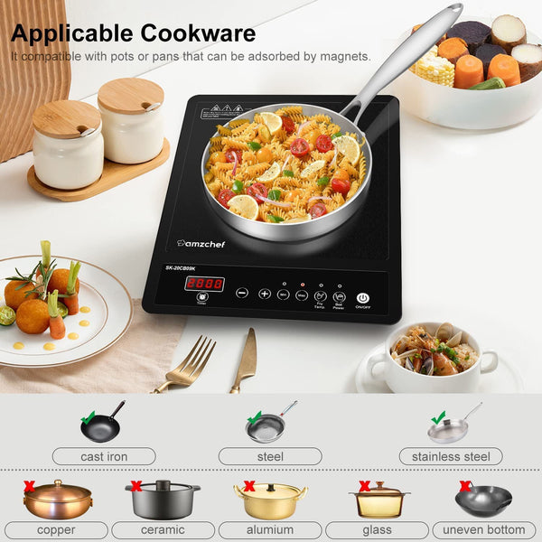 AMZCHEF Single Induction Hob, Portable Induction Hob, 10 Temperature Settings and Power levels from 300W to 2000W, Black Frosted Glass Panel,Sensitive