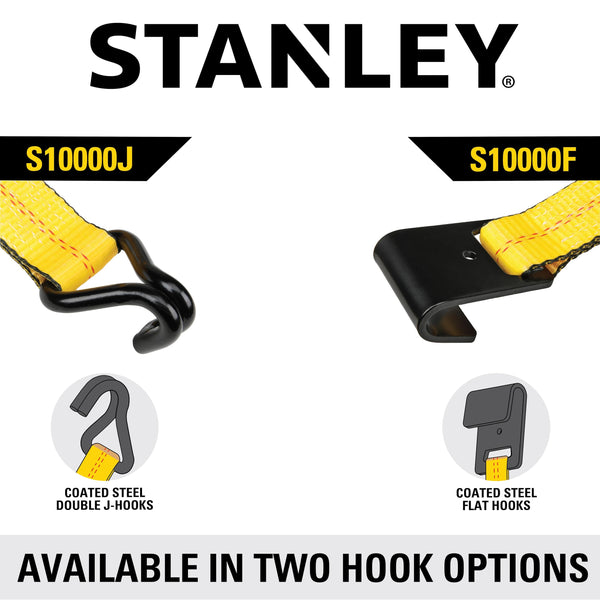 STANLEY S1007 Black/Yellow 1.5" x 16' Ratchet Tie Down Straps - 1,100 lb Safe Working Load / 3,300 lb Break Strength, 2 Pack