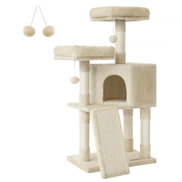 FEANDREA Cat Tree, Cat Condo 115 cm, Scratching Ramp, Beige PCT141M01