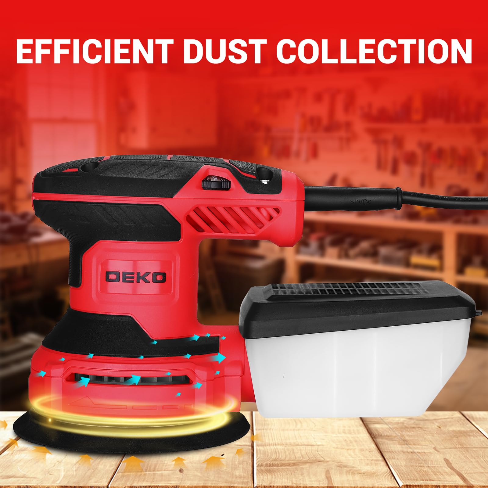 DEKOPRO Random Orbit Sander 300W with 16Pcs Sandpapers, 6 Variable Speed 14000RPM, 125MM Hand Electric Tool, High Performance Dust Collection System, Fit for Woodworking/Sanding