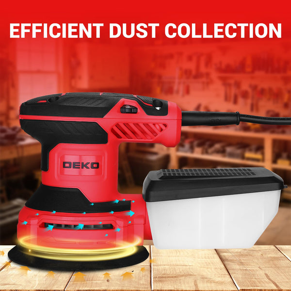 DEKOPRO Random Orbit Sander 300W with 16Pcs Sandpapers, 6 Variable Speed 14000RPM, 125MM Hand Electric Tool, High Performance Dust Collection System, Fit for Woodworking/Sanding