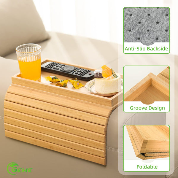 GEHE Natural Bamboo Sofa Arm Tray Table, Anti-Slip Couch Cup Holder for Snacks, Phone, Control, Cups - Flexible and Foldable