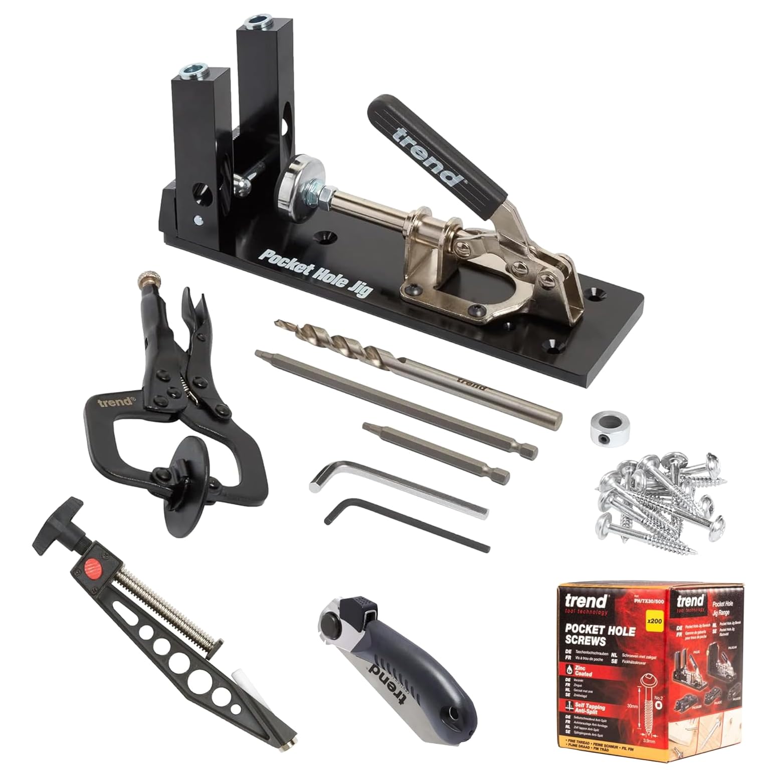 Trend Pocket Hole Jig Pro Kit with Pocket Hole Jig, Support Rods & End Stops, Face Clamp, HSS Drill Bit & Depth Collar, Square Drive Bits, 100 Screws & Storage Case, PH/JIG/AK , 12.7-38mm