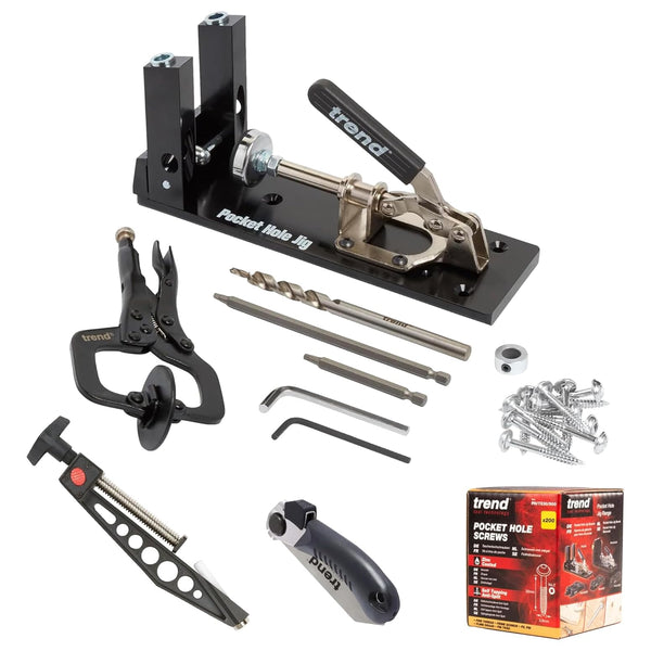 Trend Pocket Hole Jig Pro Kit with Pocket Hole Jig, Support Rods & End Stops, Face Clamp, HSS Drill Bit & Depth Collar, Square Drive Bits, 100 Screws & Storage Case, PH/JIG/AK , 12.7-38mm